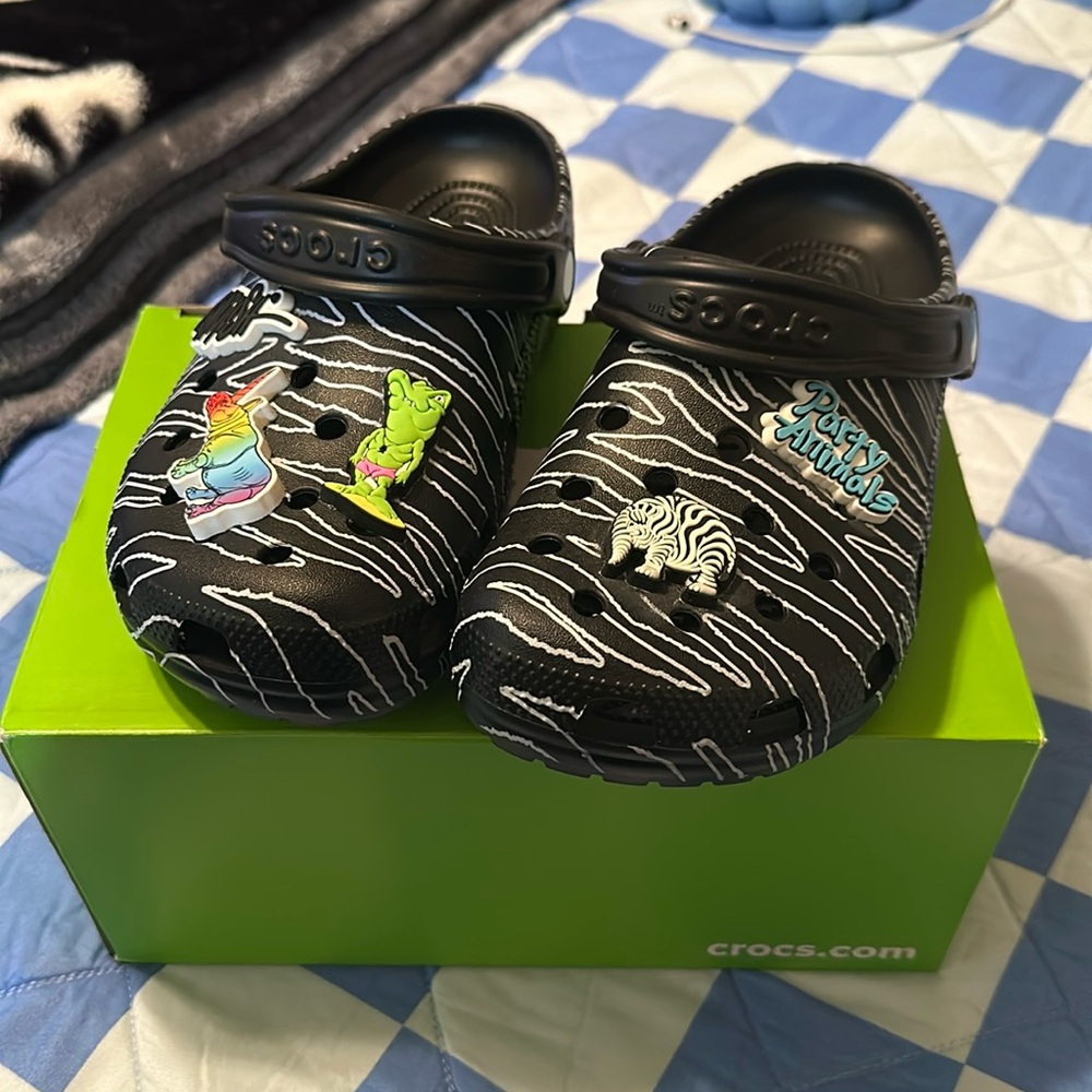 Black & white Ron English Crocs